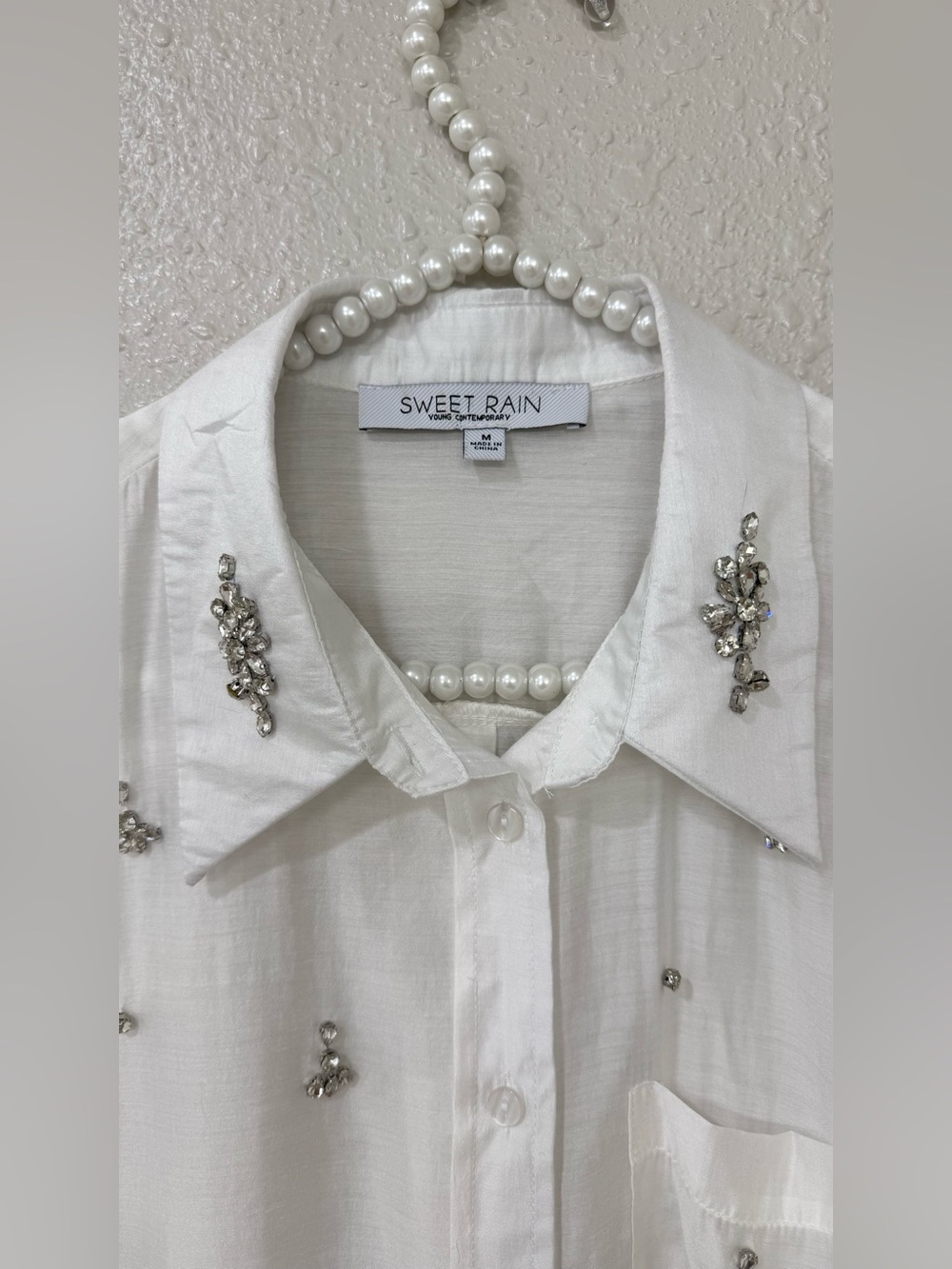 Sweet Rain Rhinestone Embellished White Button Down Shirt M Jeweled Blouse - Picture 3 of 8